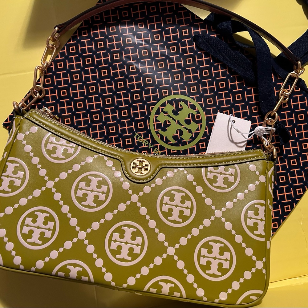 Tory burch T Monogram Contrast Embossed Studio Shoulder Bag! Island Palm.